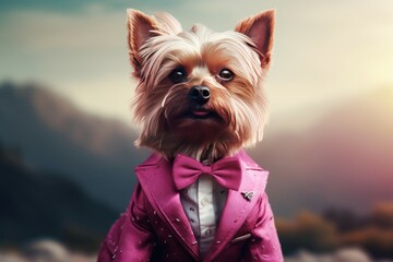 Cutest Yorkie in pink suit. Glamorous dressed purebred hairy doggy pet. Generate ai