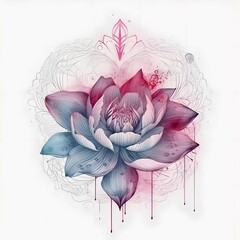 flor loto, ilustracion, dibujo espiritual, pastel, rosa, celeste, lila, line art, mistica, fondo blanco 4k