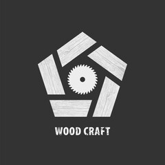 Wood craft logo in gray. Woodworks professional service.  Stylized pentagon in wood texture and  circular saw. Logo in gray for your web site design, logo, app, UI. EPS10.