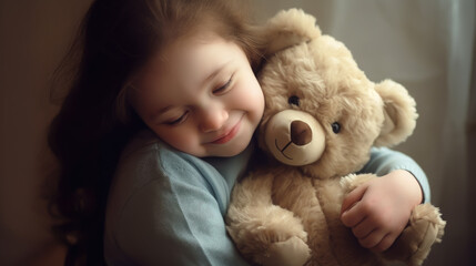 little cute girl with down syndrome hugs a teddy bear, toy, smiling child, person with special needs, kid, toddler, childhood, chromosomal disease, disability, studio portrait, March 21, Down's day