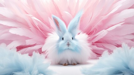white bunny feathers pop out of a blue hollow.