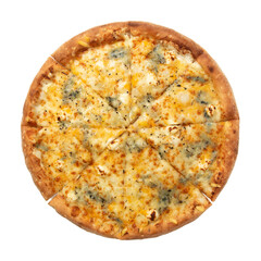 Pizza Quattro Formaggi, four cheese pizza isolated on white background. Top view.