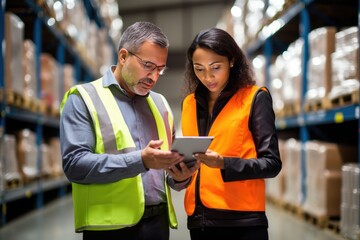 Two diverse employees are looking at a tablet while working at a large warehouse. Multiethnic woman and a man are using tablet at a logistics center. - Powered by Adobe
