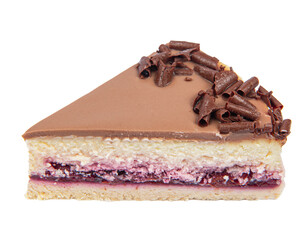 Slice of classic cheesecake isolated on white background.