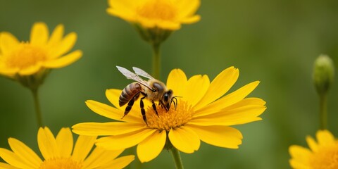 Bee on yellow flower with blue sky background, Sunflower field