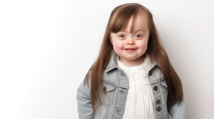 little cute girl with down syndrome in casual clothes on a white background, smiling child, person with special needs, kid, toddler, childhood, chromosomal disease, disability, studio portrait