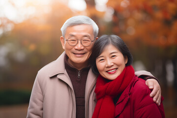 Happy Asian senior couple in love walking in autumn park. Elderly people lifestyle concept.