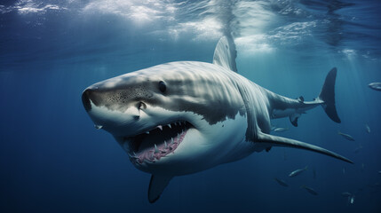 A great white shark swims beneath the surface of the water with its head above the water's surface,...