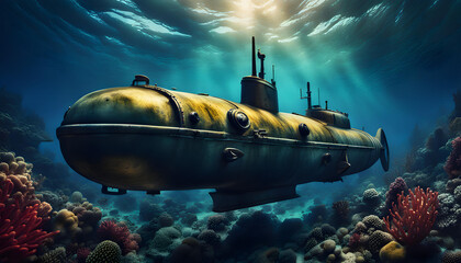 Submarine in the deep ocean
