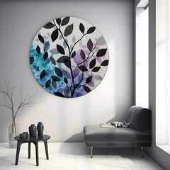 Boheminan art, minimalistic black leaves on one branch not filled up, blu , lila, beijge colours, white space, circles in the back, modern 4k