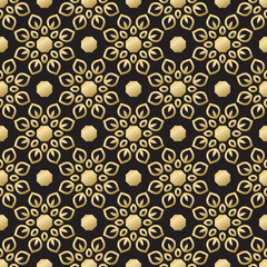 Seamless pattern with golden decorative ornament on black background. Template for design in vintage style.