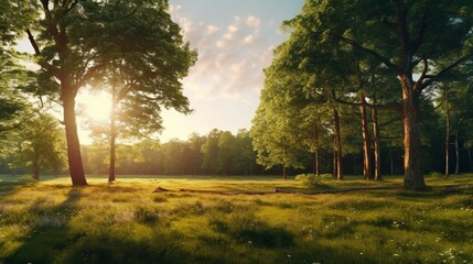 Fototapeta na wymiar lovely dawntime panorama of the sun, the woodland, and the field. Sunlight filters through trees. all-around view