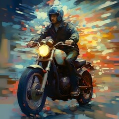 Fototapeta na wymiar Man on Motorbike - Illustration, Digital Oil Painting