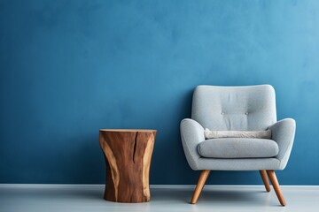 Fabric lounge chair and wood stump side table against blue stucco wall with copy space. Rustic minimalist home interior design of modern living room