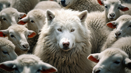 Obraz premium An illustration of a wolf in sheep's clothing, skillfully blending into a group of sheep while dressed in woolen attire