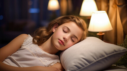 A charming young lady enjoying a restful sleep, cuddling a plush white pillow in bed