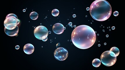 A compilation of authentic soap bubbles. The background is transparent and contains bubbles. Vector jet-powered bubble soap. Burst Bubble Realistic bubbles in water glass