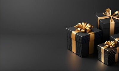 Obraz na płótnie Canvas Generative ai. three black and gold gift boxes with gold bows, gifts, presents, giving gifts to people, happy birthday, profile pic, black and gold rich color, black and gold