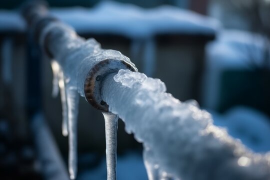 Fototapeta Frozen water pipe at morning sunlight. Cold spring frigid focus. Generate Ai