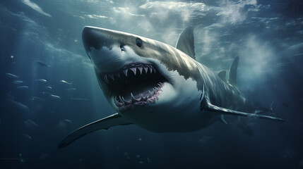 shark in the sea, Great White Shark in blue ocean. Underwater photography. Predator hunting near...