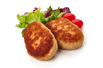 Fried cutlets in breadcrumbs, isolated on white background.