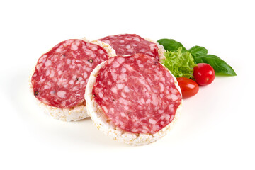Milano salami sandwich, isolated on white background. High resolution image.