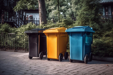 Trash cans in a residential area. Clean city. Cleaning the territory. Garbage distribution. Care for the environment.