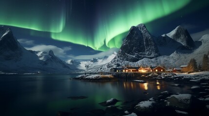 Northern lights and aurora borealis above a mountain near Hamnoy, Lofoten Islands, with a fishing community down the shore