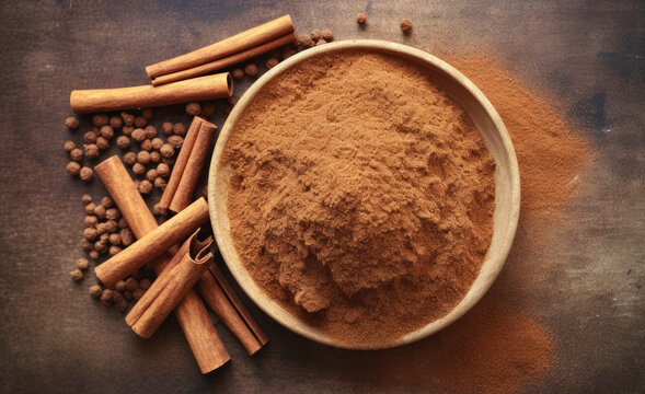 Canela molida y ramas de canela.