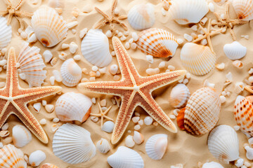 Fototapeta na wymiar Conchas y estrellas de mar sobre la arena.