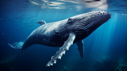 Calf humpback whale swims very close underwater, Humpback whale underwater, Ai generated image 