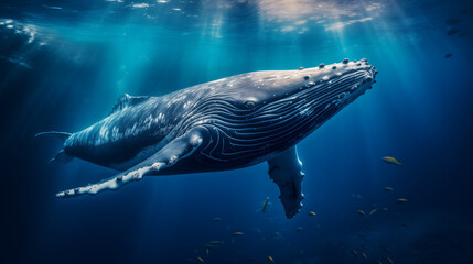 Humpback whale in the blue ocean, under water world, humpback whale underwater, Ai generated image - obrazy, fototapety, plakaty