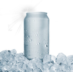 Aluminum Tin Can with ice cubes, transparent background