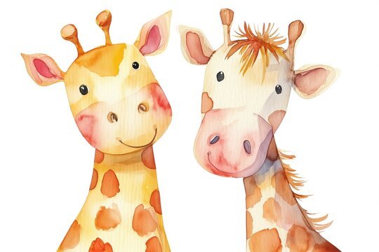 Charming watercolor painting of two giraffes with friendly expressions, perfect for children's books, rendered in soft yellow and brown tones on a white background. High quality photo