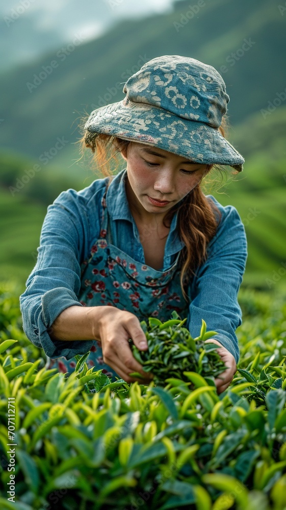 Wall mural a lady gathers tea leaves on a tea plantation.