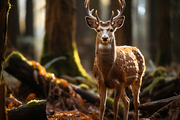 Dybowski's sika deer or Manchurian sika deer, Cervus nippon dybowski. in the forest looking directly at the camera - obrazy, fototapety, plakaty