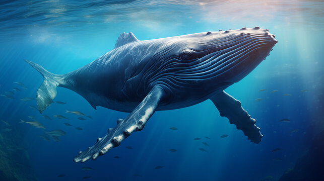 Humpback Whale , Megaptera novaeangliae breaching near Husavik City in Iceland, Humpback whale underwater, Ai generated image 