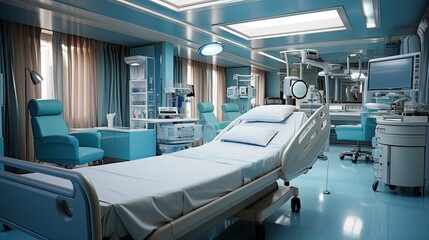 Hospital ward or Recovery room with bed and comfortable medical equipped in a hospital. Generative AI - obrazy, fototapety, plakaty
