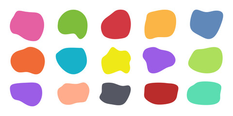 Abstract liquid shapes, colored fluid forms set. Modern graphic elements. Dynamical curved shapes in minimal style isolated on white background. Organic blotch, inkblot or bubbles. Vector illustration