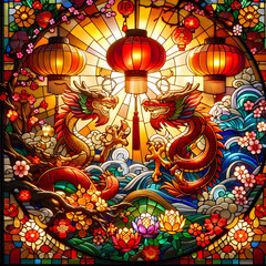 Fototapeta premium Stained glass chinese New year dragon