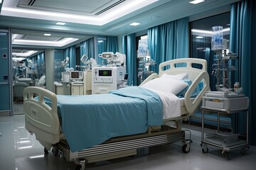 Hospital ward or Recovery room with bed and comfortable medical equipped in a hospital. Generative AI