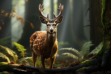 Dybowski's sika deer or Manchurian sika deer, Cervus nippon dybowski. in the forest looking directly at the camera