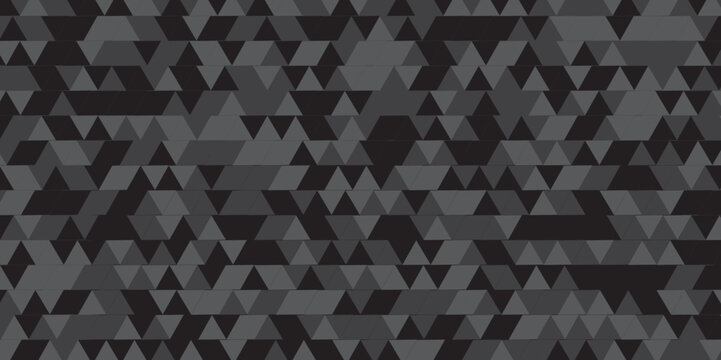 Abstract geometric black and gray background seamless mosaic and low polygon triangle texture wallpaper. Triangle shape retro wall grid pattern geometric ornament tile  vector square element.