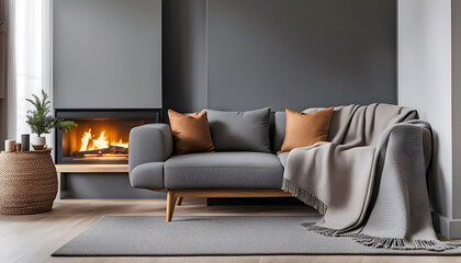 A pastel-colored sofa with a soft blanket near the fireplace. Scandinavian interior design of modern small living room in hygge style, cozy place to relax,