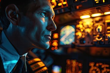 Fototapeta premium A determined man gazes out of the cockpit window, his human face contorted with concentration as he pilots the aircraft through the stormy skies, his crisp uniform contrasting against the chaotic tur
