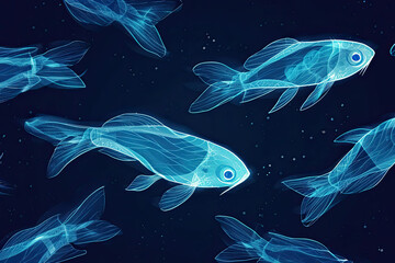 Isolated fantasy bioluminescent fish swimming in the water