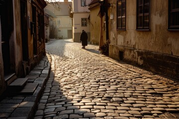 A solitary figure strolls along the narrow cobblestone alley, surrounded by the towering brick buildings and quaint windows of the city, lost in thought as they make their way down the uneven stone p - obrazy, fototapety, plakaty