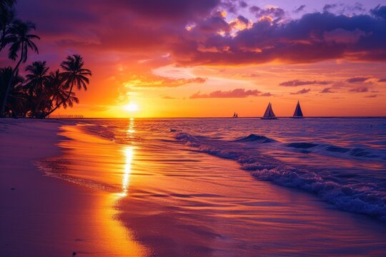 As the fiery sun sets over the tranquil ocean, the afterglow illuminates the peaceful horizon, casting a serene spell on the tropics and creating a breathtaking landscape of nature's beauty
