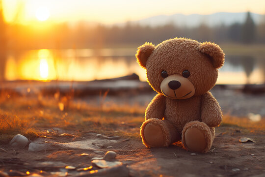 Teddy bear in nature, postcard with space for text
