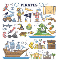Obraz na płótnie Canvas Pirate collection for kids with ocean thief lifestyle element outline concept, transparent background. Isolated item group with treasures, ship, eye patch, parrot.